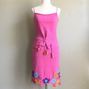 Pink Knit Floral Crochet Boho Skirt Set S